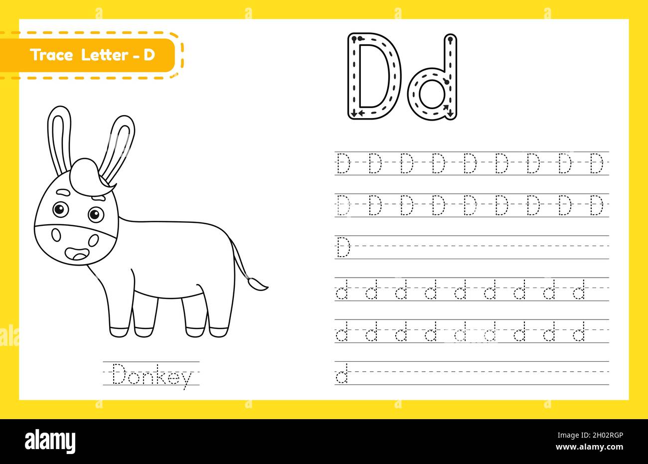trace letter d uppercase and lowercase alphabet tracing practice preschool worksheet for kids learning english with cute cartoon animal coloring boo stock vector image art alamy