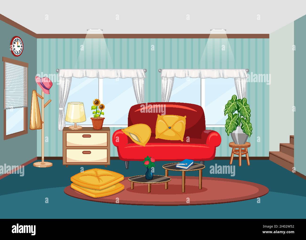 Living room interior design with furnitures illustration Stock Vector ...
