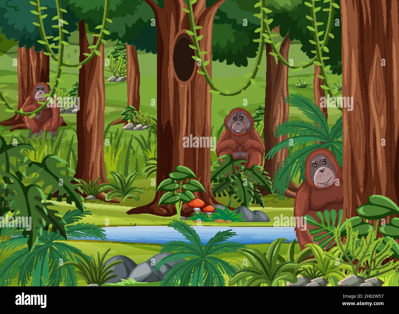 Wild animals in forest landscape background illustration Stock Vector ...