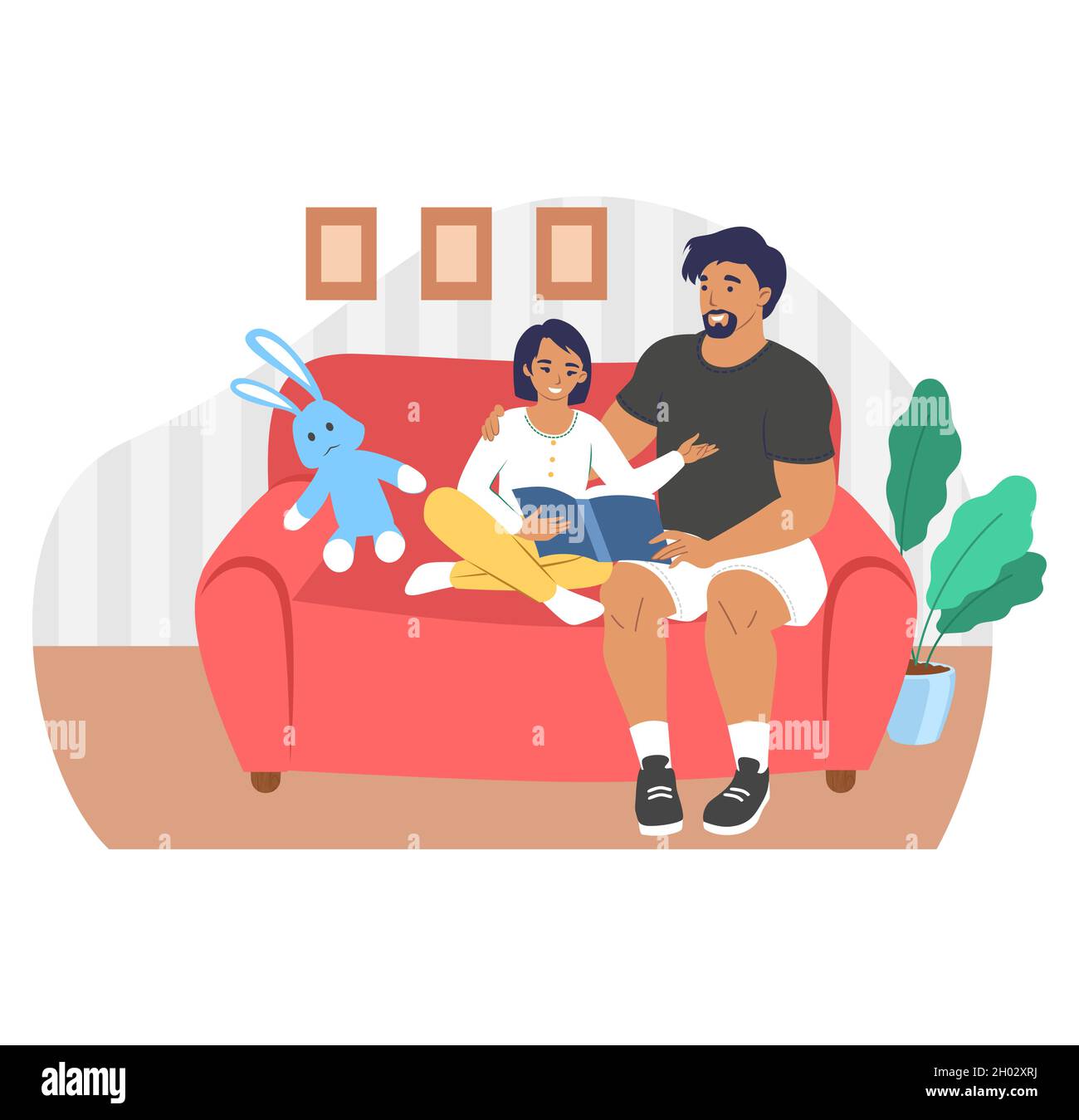 Happy Father Reading Book With Daughter Sitting On Sofa Flat Vector Illustration Parent Child Relationship Parenting Stock Vector Image Art Alamy