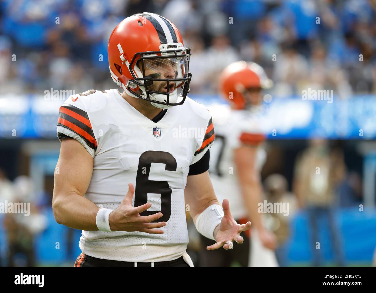 Inglewood, California, USA. 10th Oct, 2021. Cleveland Browns quarterback  Baker Mayfield (6) on the sideline during the NFL game between the Los  Angeles Chargers and the Cleveland Browns at SoFi Stadium in