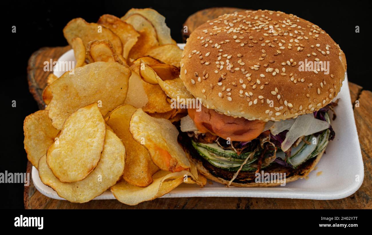 Close-up photo of a real burger with vegan meat Stock Photo