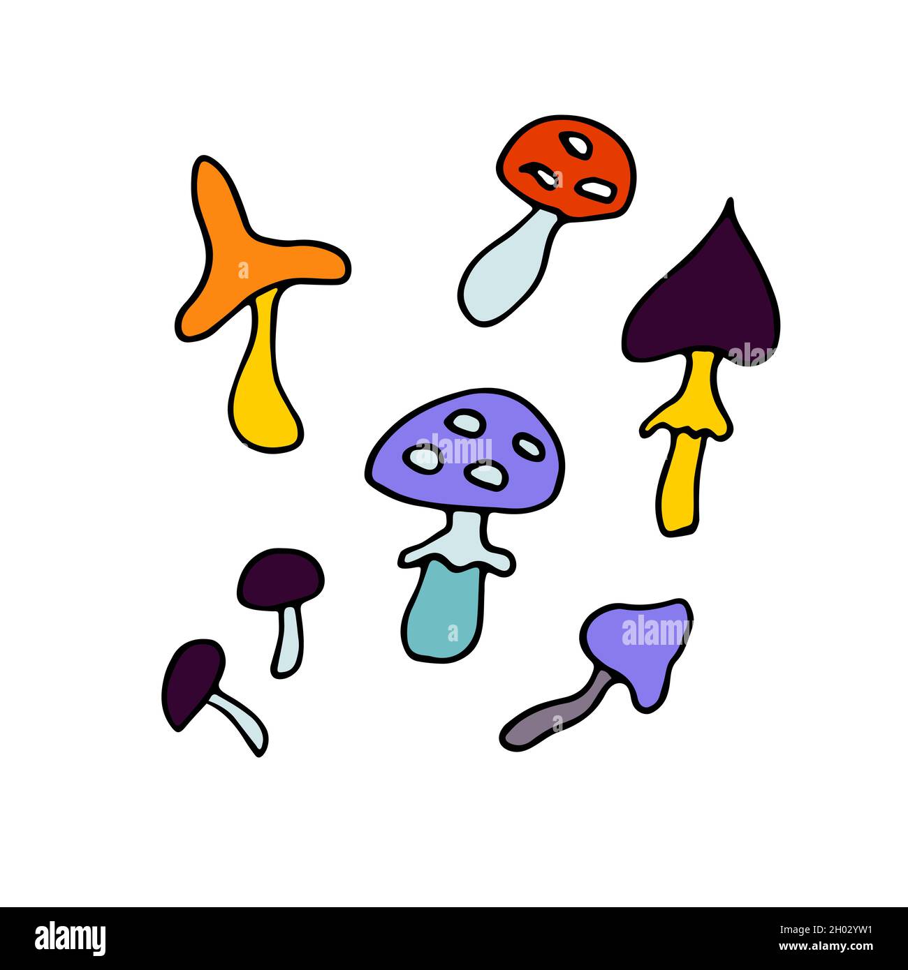 Doodle mushrooms set. Hand-drawn different useful, poisonous mushrooms isolated on white background. Cartoon symbol forest, nature, halloween, fly aga Stock Vector
