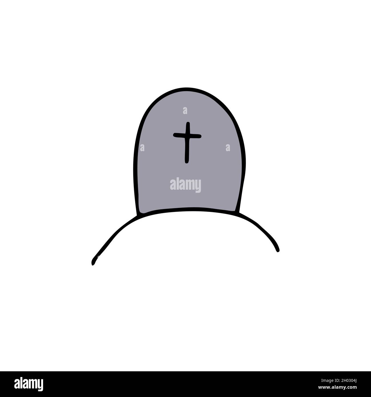 Vector doodle cross. Outline grave isolated on white background. Headstone on the tomb. Cartoon cemetery landscape. Symbol of Halloween, Day of the De Stock Vector
