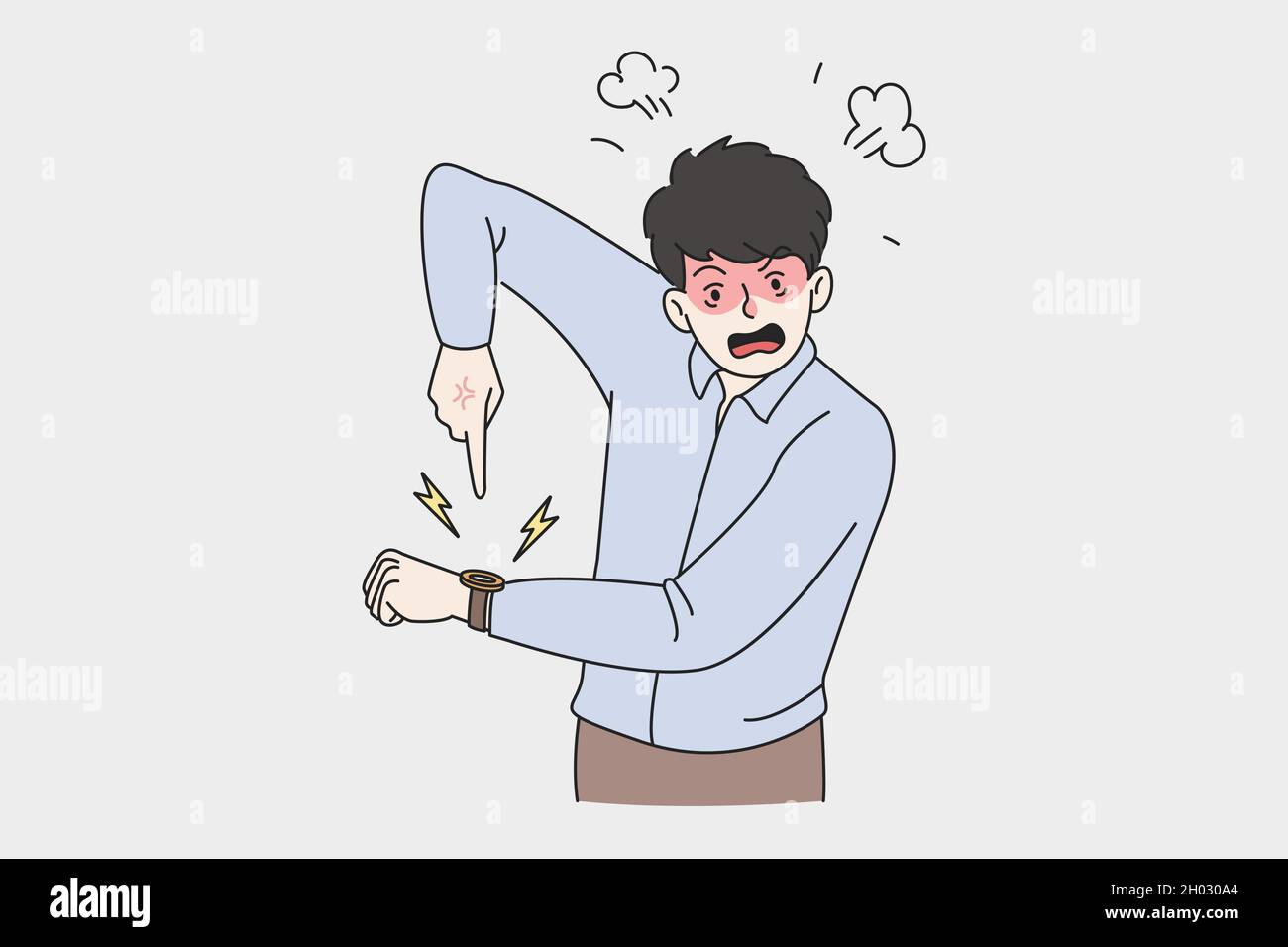 Angry Man Point At Hand Watch Notify About Missed Deadline Mad Furious Businessman Show Time On Clock Note Being Late For Work Job Delay Time Management Flat Vector Illustration Pop Art Stock