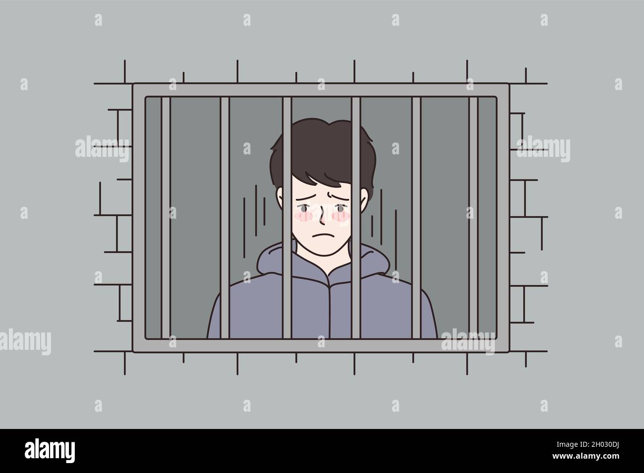 Sad man behind steel bars in country jail. Distressed unhappy male feel depressed sit in prison. Criminal convict imprisoned for illegal actions. Cartoon character flat vector illustration. Stock Vector
