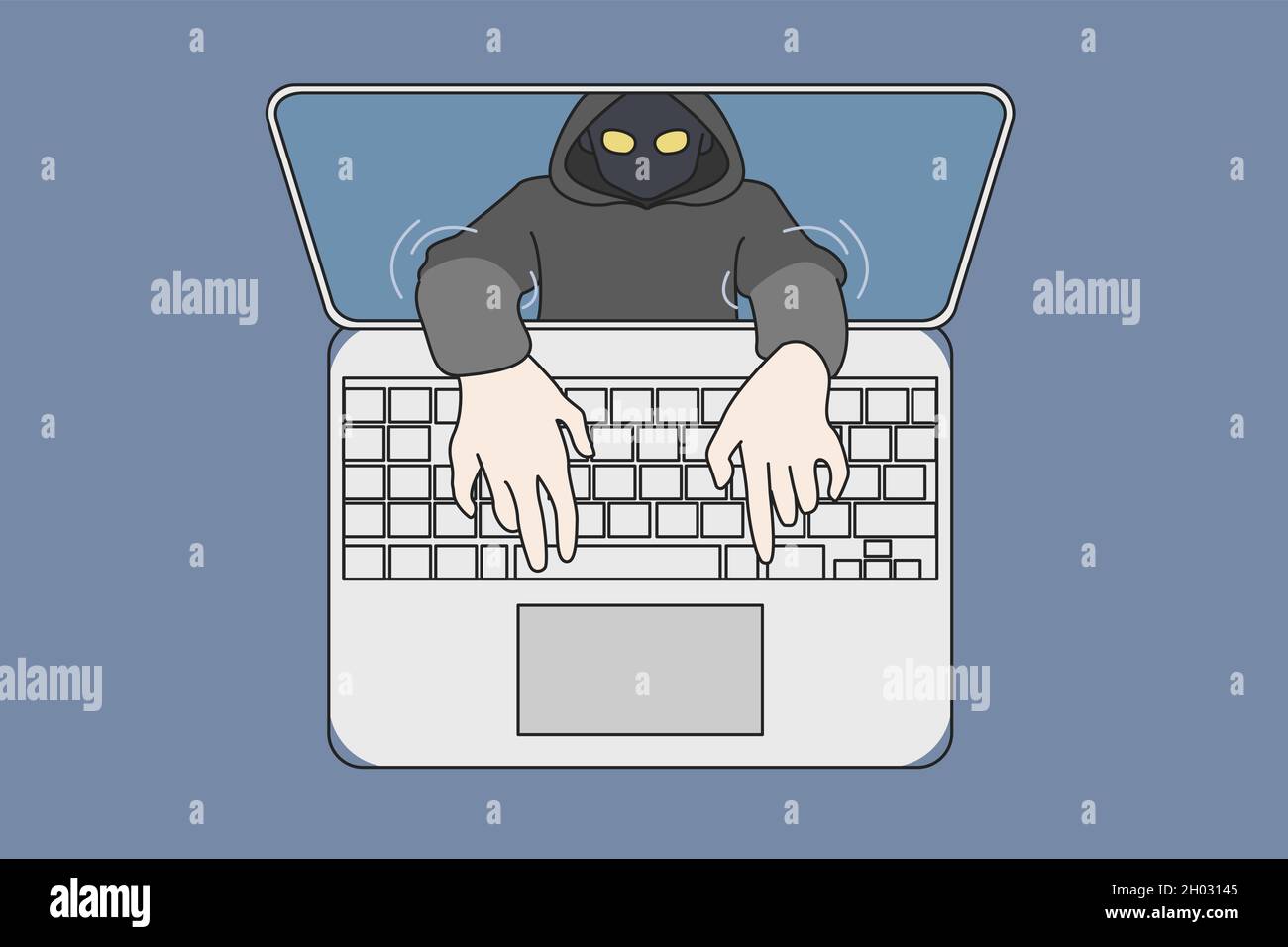 Thief in mask hands come out of laptop screen provide illegal phishing activity on internet. Scammer hacker steal data information online on computer. Network fraud, spam, virus. Vector illustration.  Stock Vector