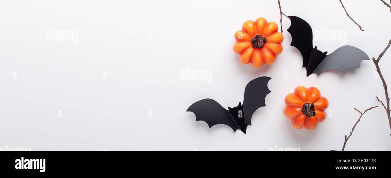 Horizontal Halloween banner. Black paper bats and pumpkins on white ...