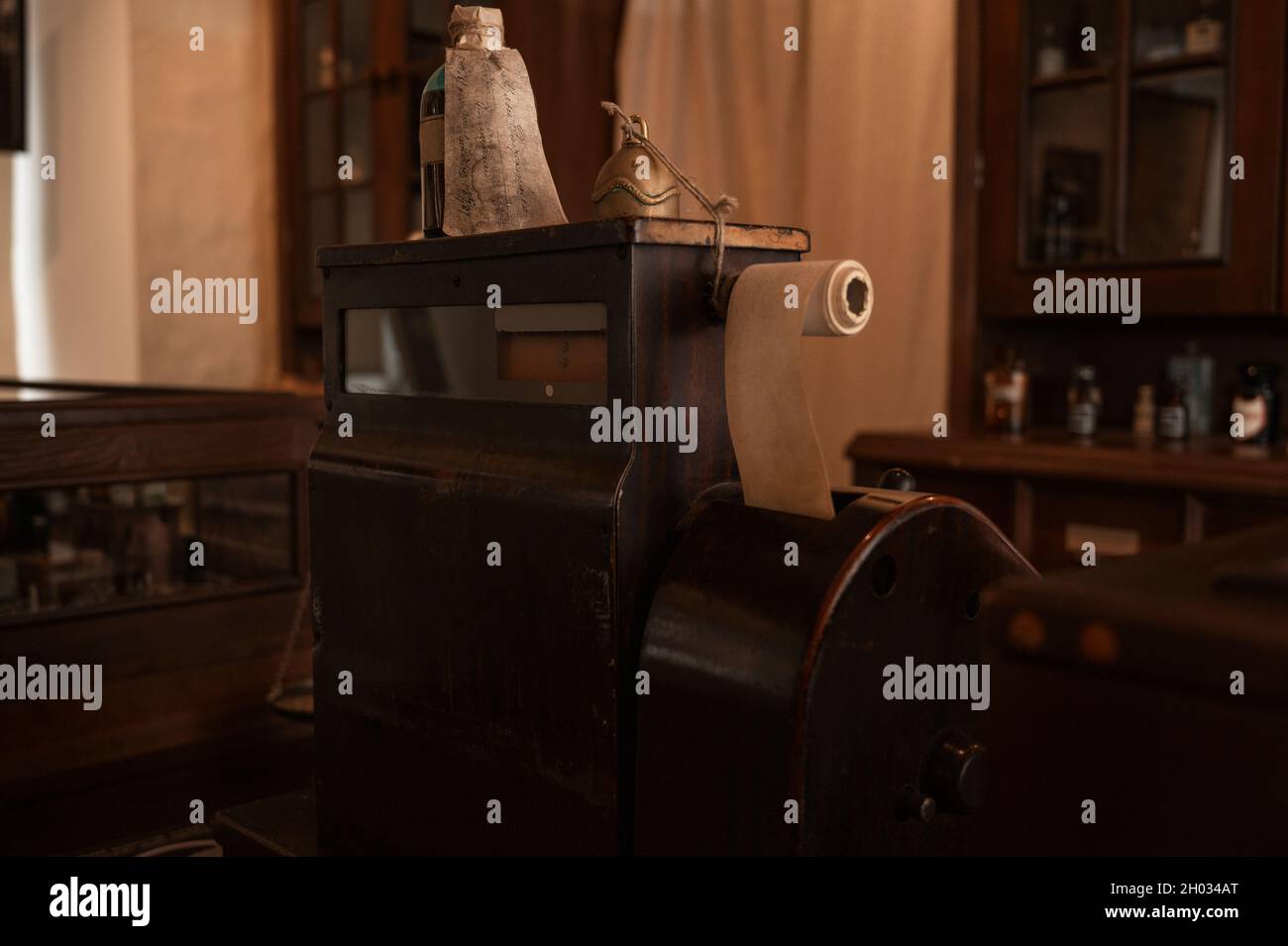 Vintage cash register in old pharmacy. Wooden antique furniture for ...