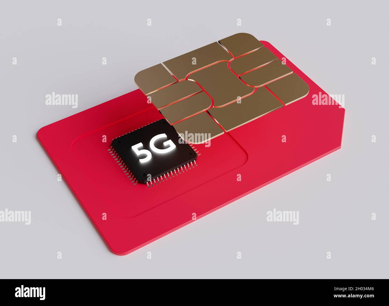 5G SIM with a computer processor inside it. The fifth generation of mobile communications. 3D rendering illustration. Stock Photo