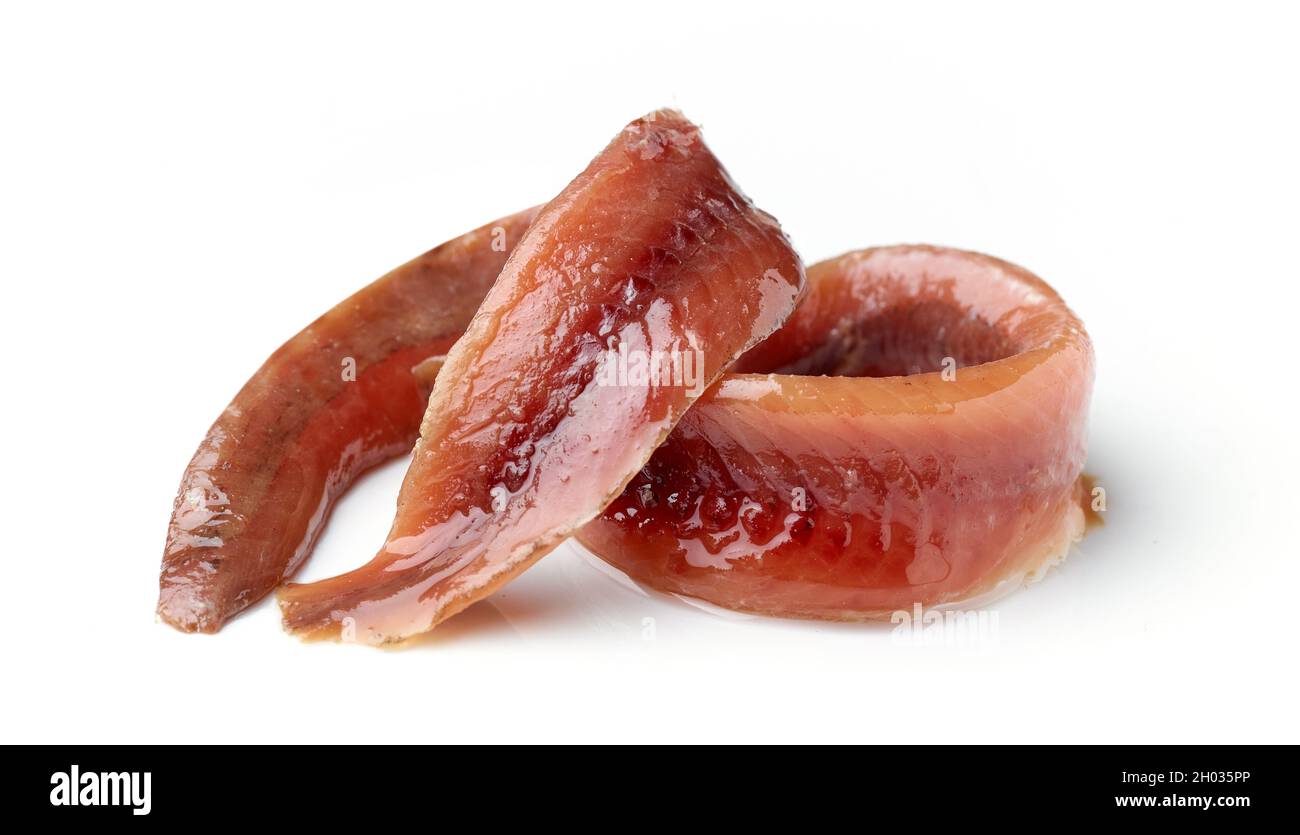 canned anchovy fillets macro isolated on white background Stock Photo