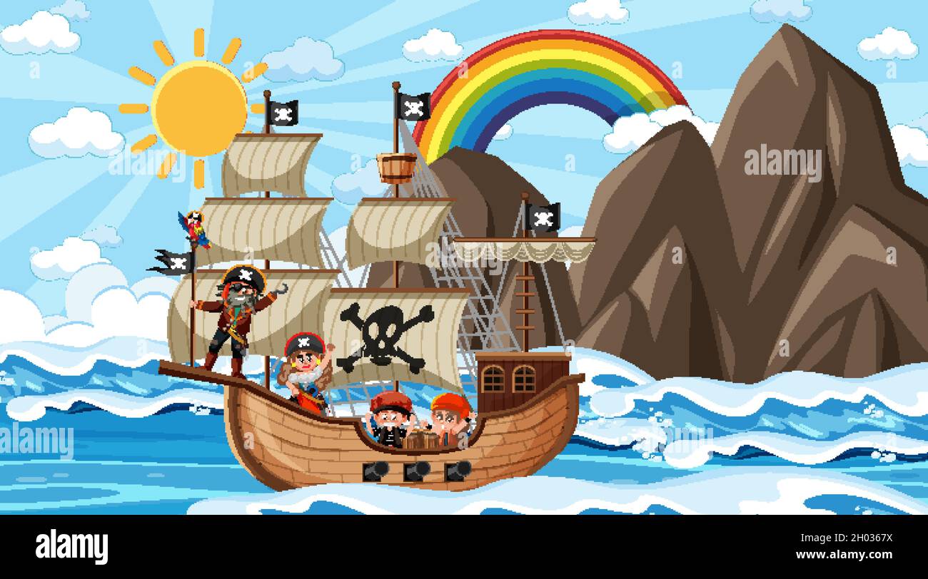 Beach with Pirate ship at daytime scene in cartoon style illustration ...