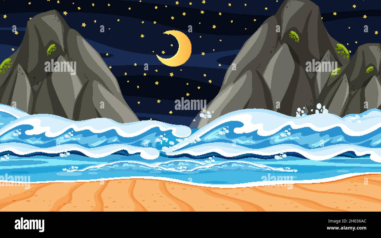 Beach landscape at night scene with ocean wave illustration Stock ...