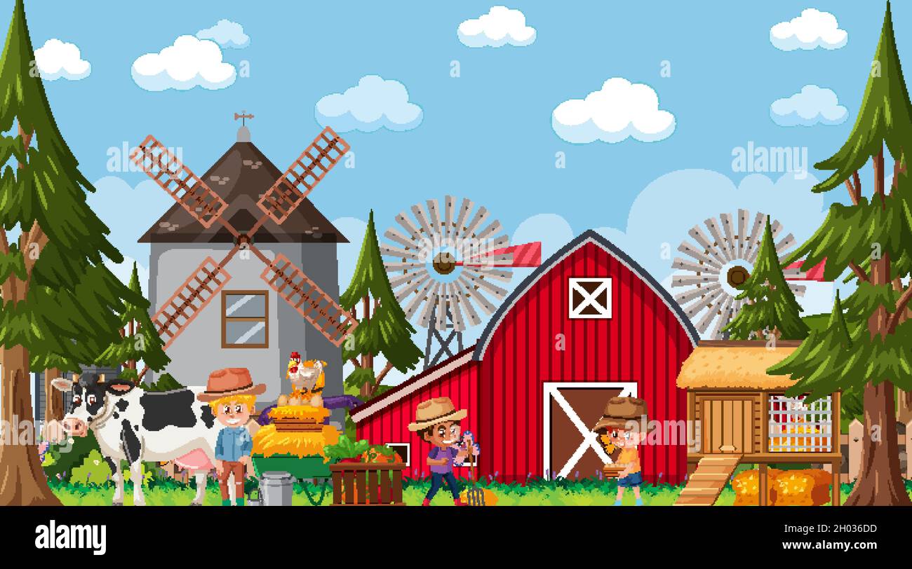 Farm scene with many kids cartoon character and farm animals ...