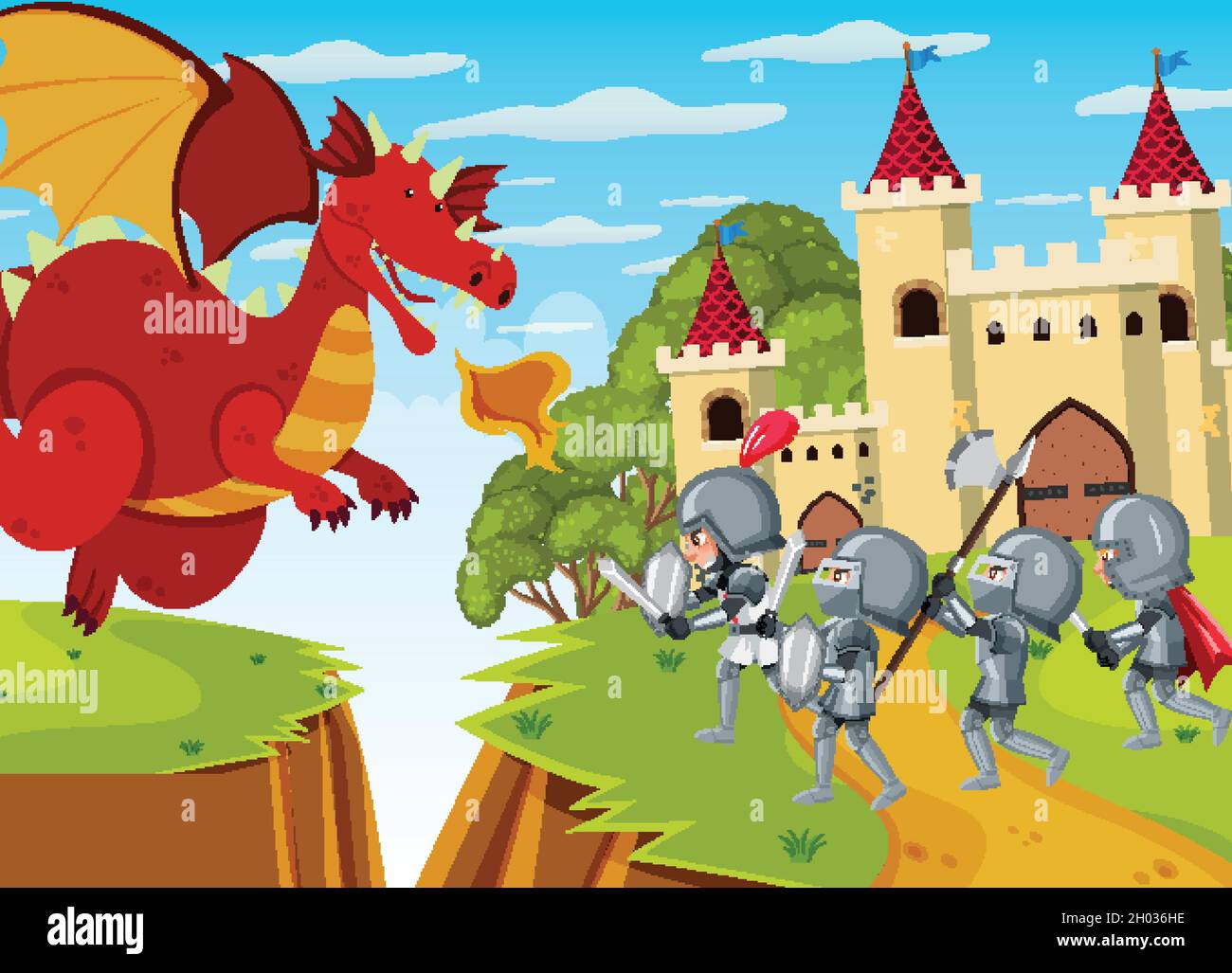 Knights fight with dragon at the castle illustration Stock Vector Image ...