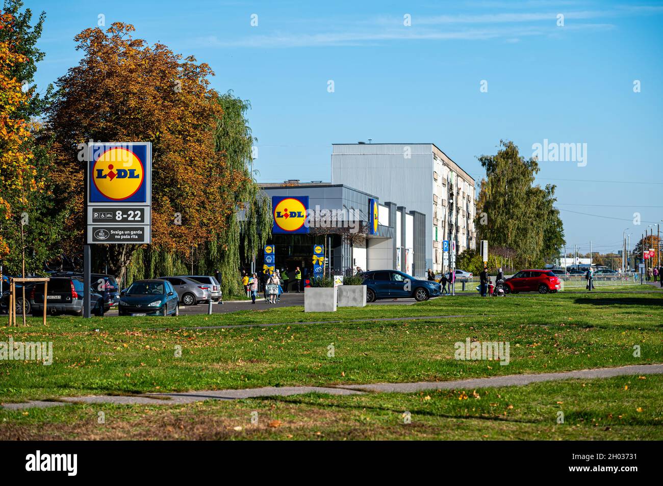 Riga, Latvia, October 9, 2021: LIDL supermarket with logo in Riga