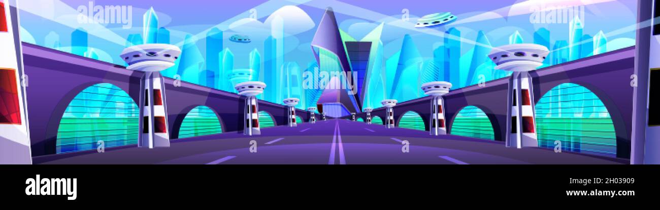 Futuristic cityscape with glass buildings, unusual bridge and road. Modern architecture towers and skyscrapers. Future city with highway, flying town parts. Cartoon vector alien urban landscape design Stock Vector