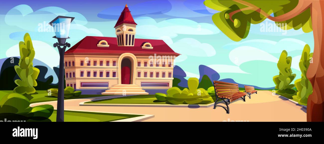 Cartoon building exterior of university, college or high school. Educational institution with empty yard with trees, lawn and benches. Summer landscape with schoolhouse, government house or campus Stock Vector Image & Art - Cartoon building exterior of university, college or high school. Educational institution with empty yard with trees, lawn and benches. Summer landscape with schoolhouse, government house or campus Stock Vector Image & Art -