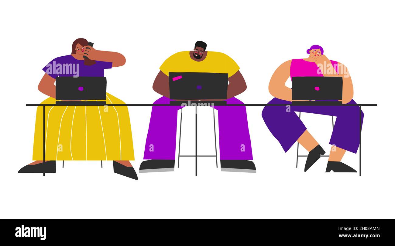 Vector flat illustration. African American man, Latin and Caucasian women sit at table, work on laptops on internet. Lifestyle of freelancers in cowor Stock Vector