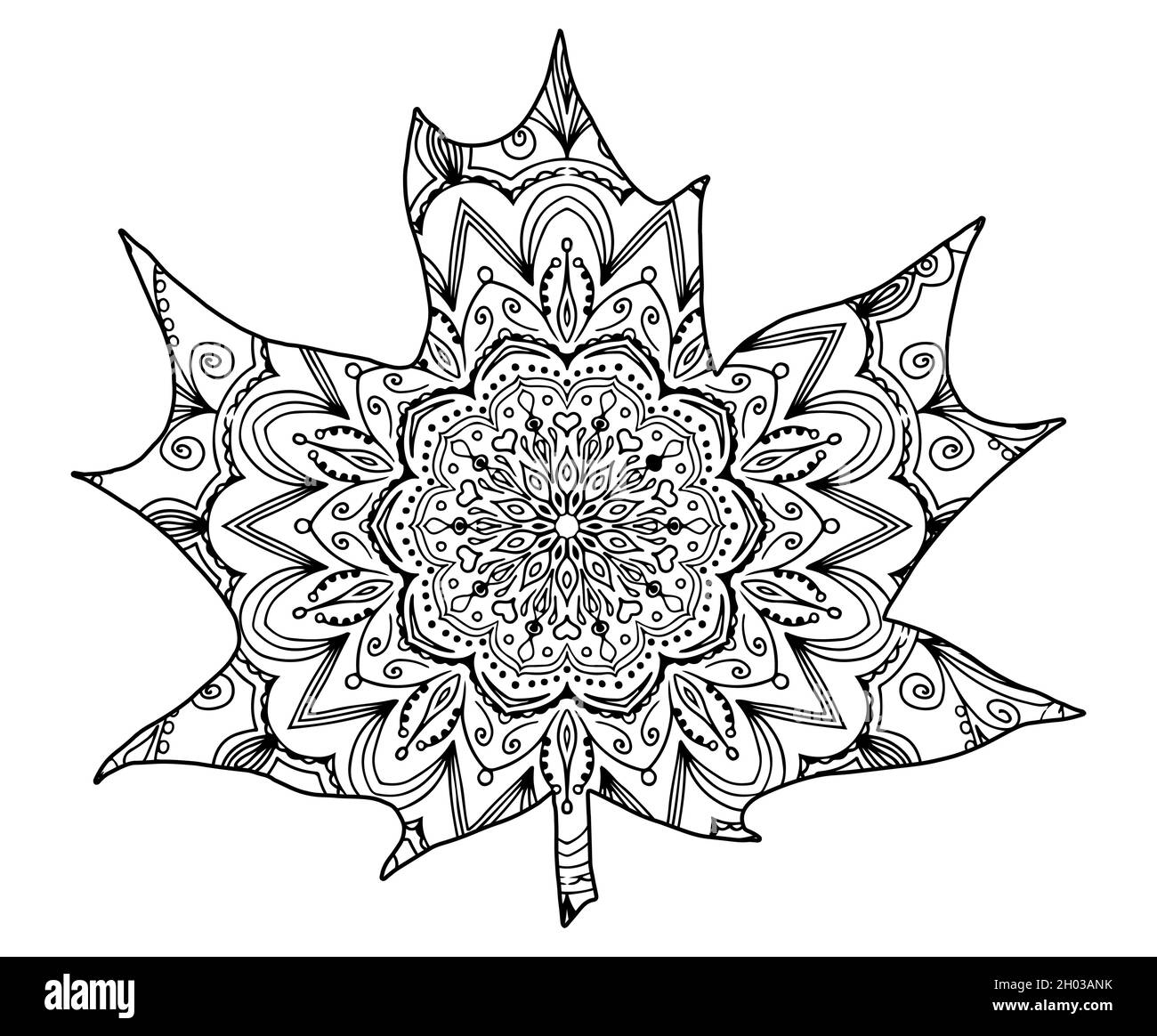 Coloring book page with decorative maple leaf on white background ...