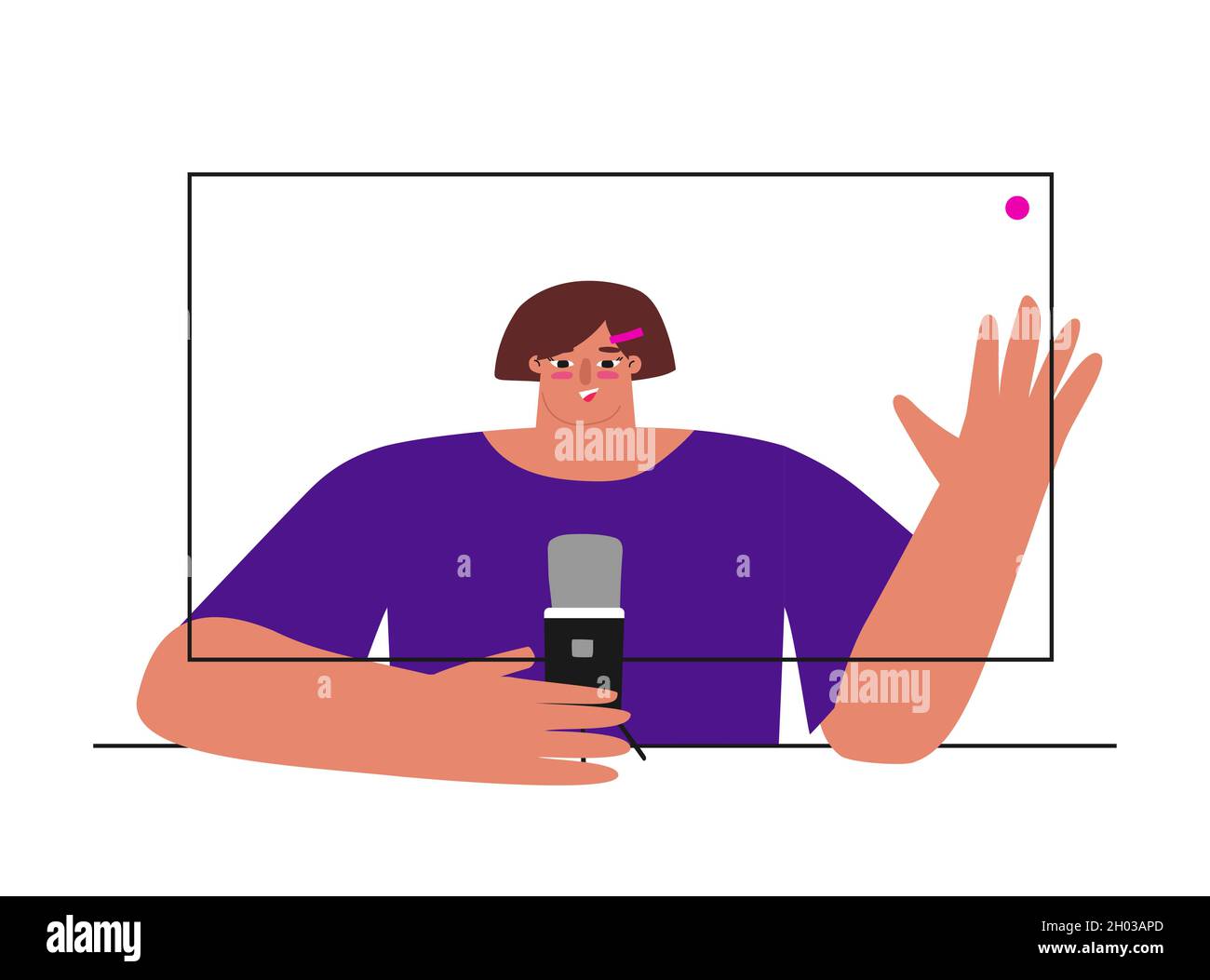 Vector flat isolated illustration with screen of computer and young Caucasian woman recording video on webcam. Distant work by bloggers, podcast hosts Stock Vector