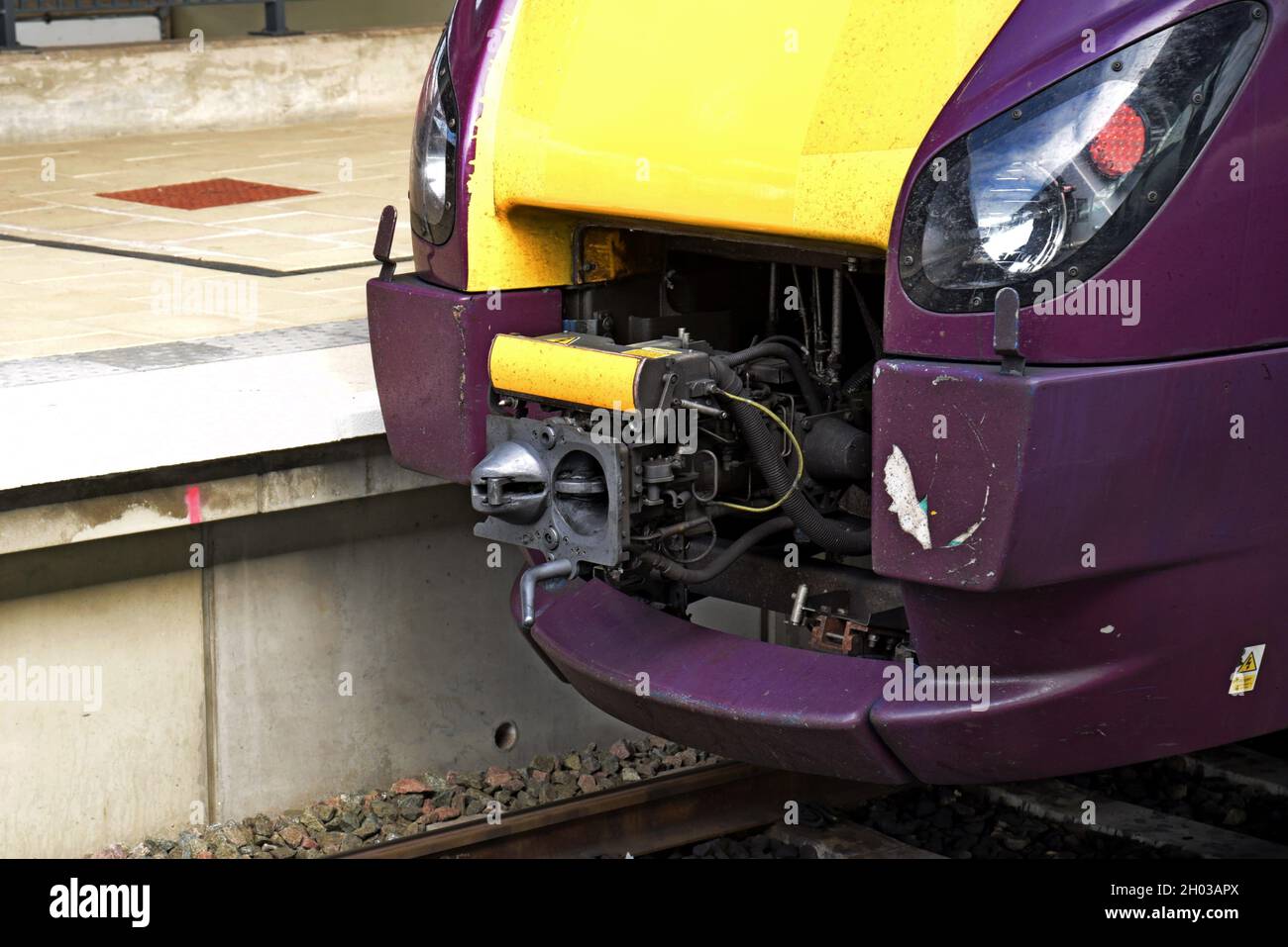 A Dellner automatic coupler on the front of an East Midlands Railway