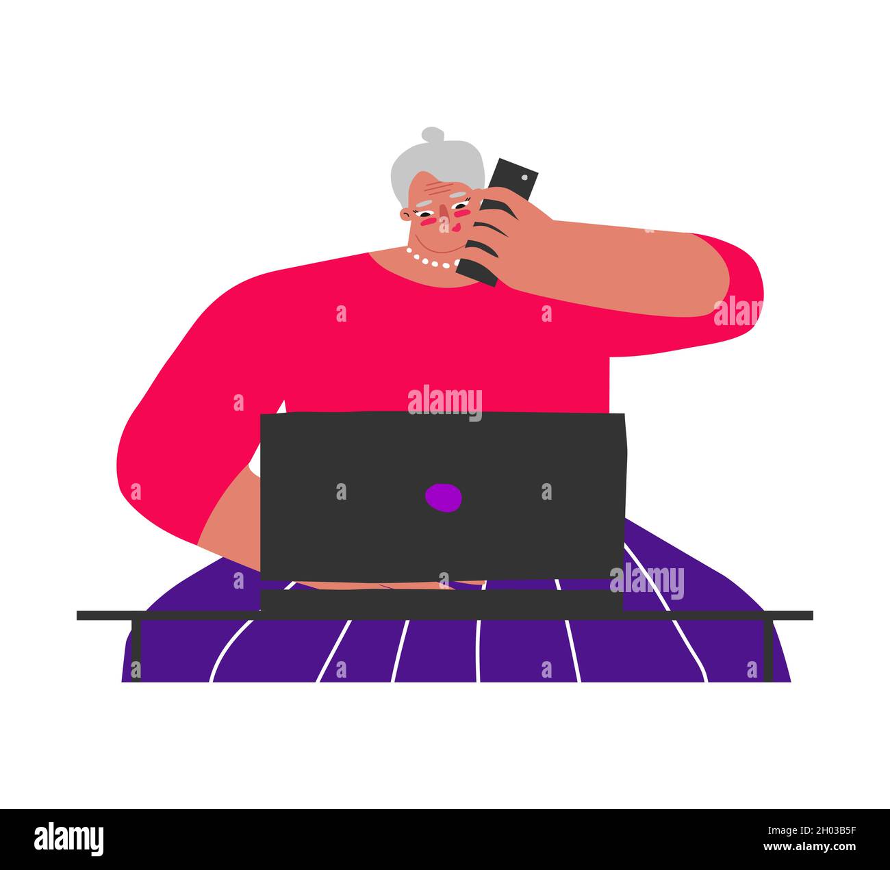Vector flat isolated illustration. Senior Caucasian woman sits at desk and works online on laptop. Lifestyle of busy and happy freelancer. Elderly lad Stock Vector