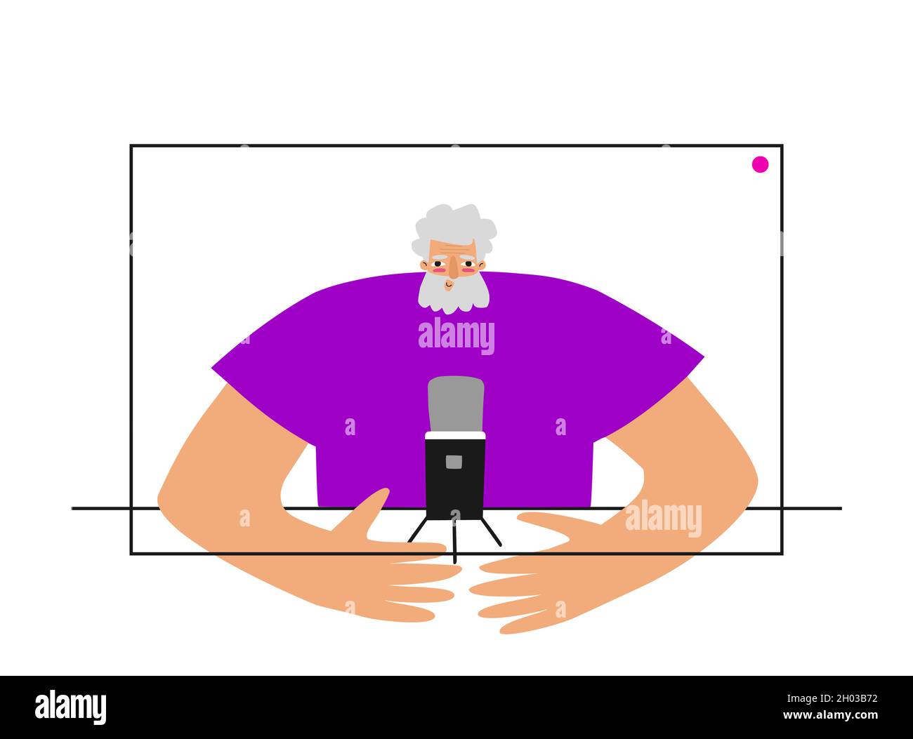 Vector flat concept with computer and old Caucasian man (on screen) using online stream services at home for recording video on webcam. Remote confere Stock Vector