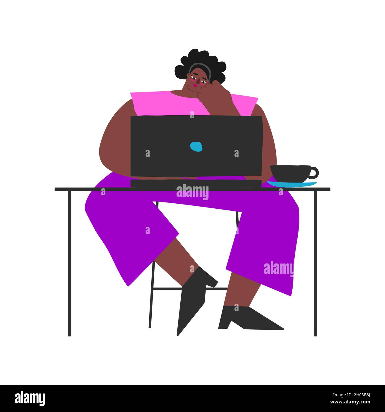 Vector flat isolated illustration. African American woman sits at table and works online on laptop. Lifestyle of freelancer. Lady is bored. She is pro Stock Vector