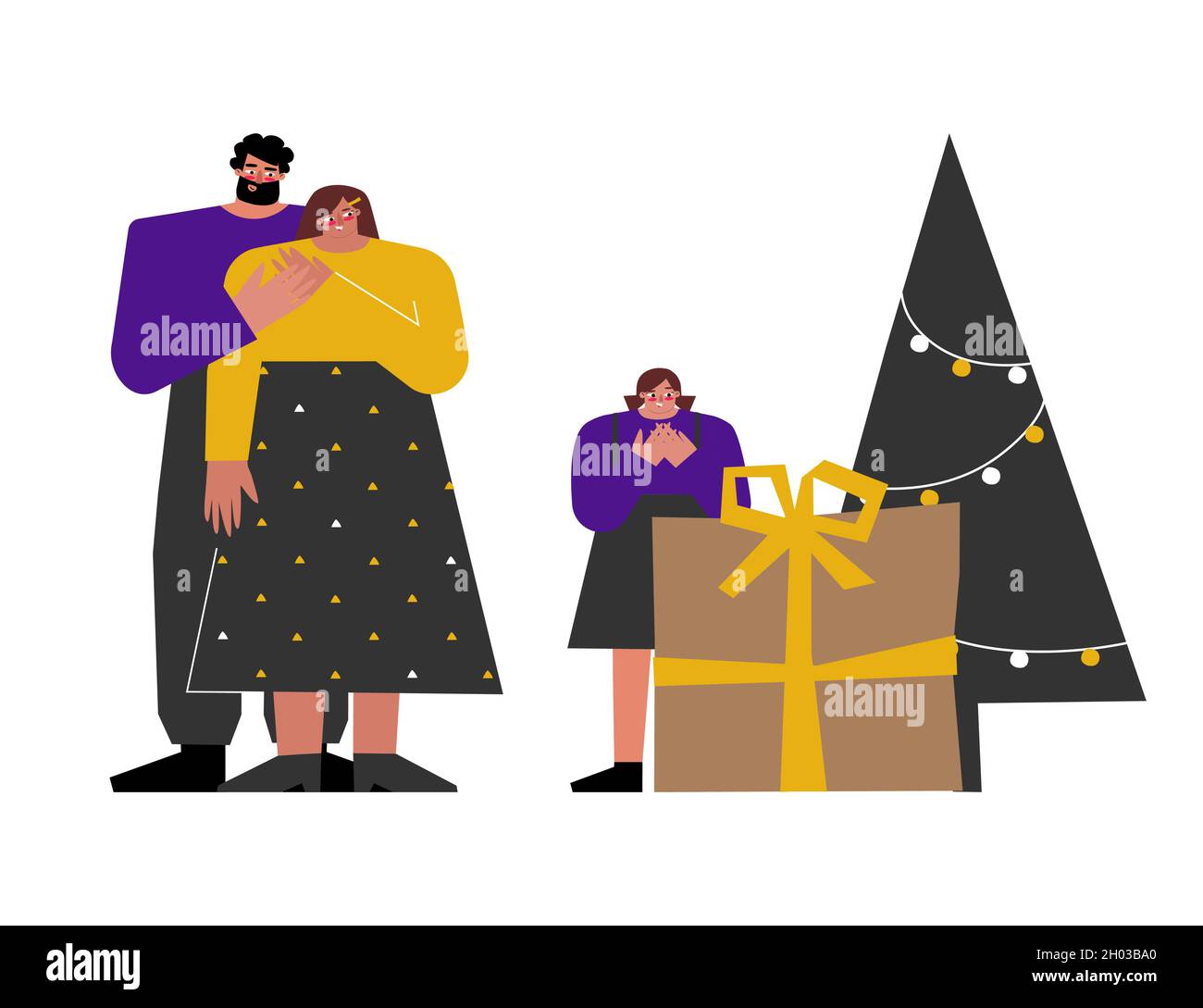 Vector flat concept of happy Caucasian family with father, mother, child staying near decorated xmas tree and big gift box in craft paper. Celebration Stock Vector
