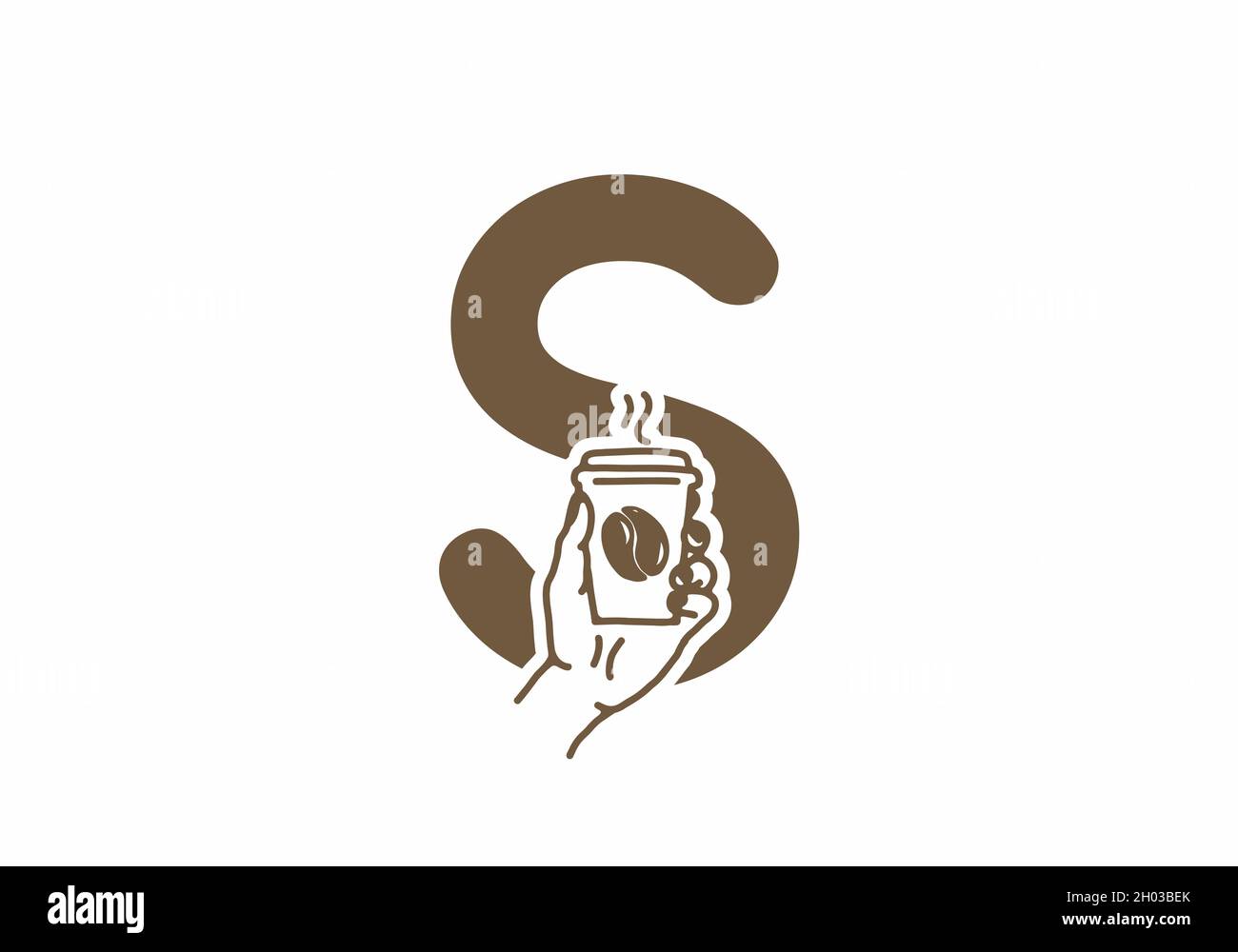 Brown color of S initial letter with line art coffee cup design Stock Vector