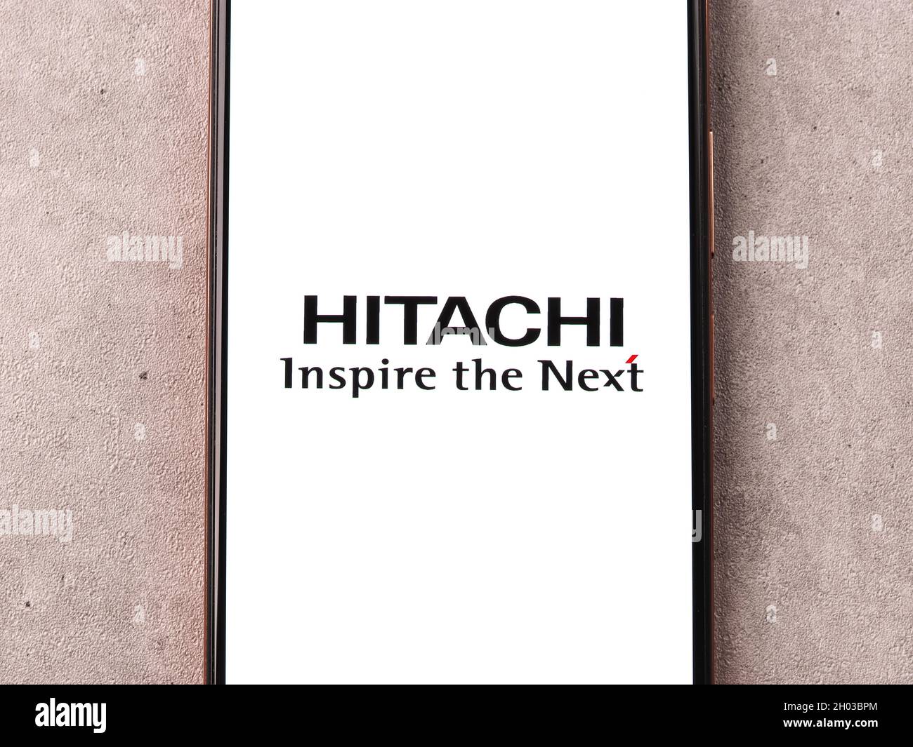 West Bangal, India - October 09, 2021 : Hitachi logo on phone screen stock image. Stock Photo