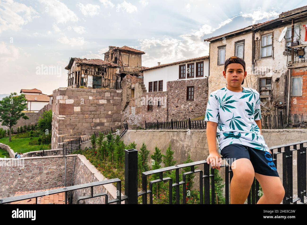 Ankara Castle Kale Breathtaking Picturesque View of a Young Turkish Boy on a Blue Sky Day in Summer Stock Photo