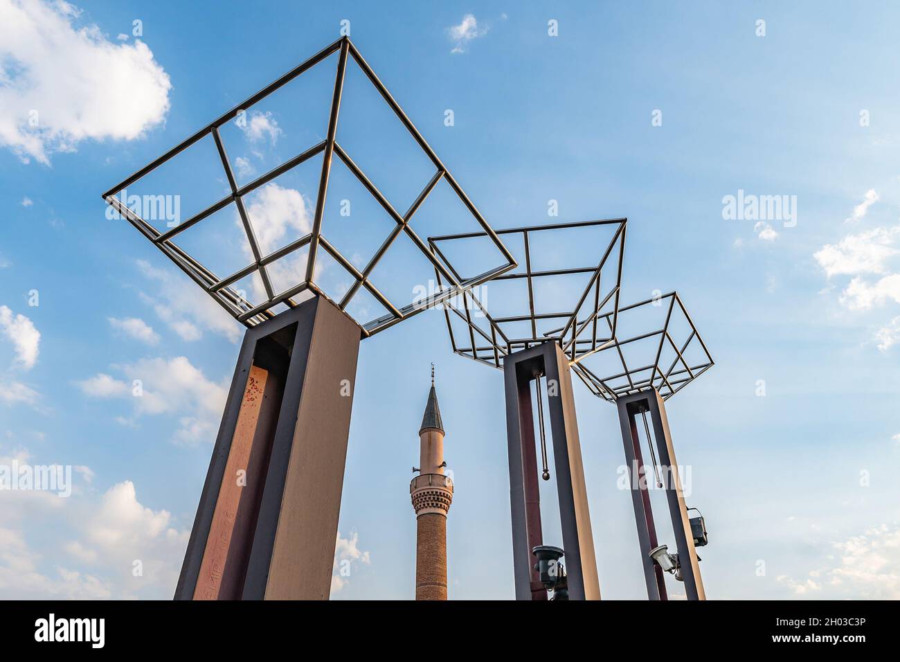Ankara Haci Musa Mosque Breathtaking Picturesque View of Minaret and Pillars on a Blue Sky Day in Summer Stock Photo