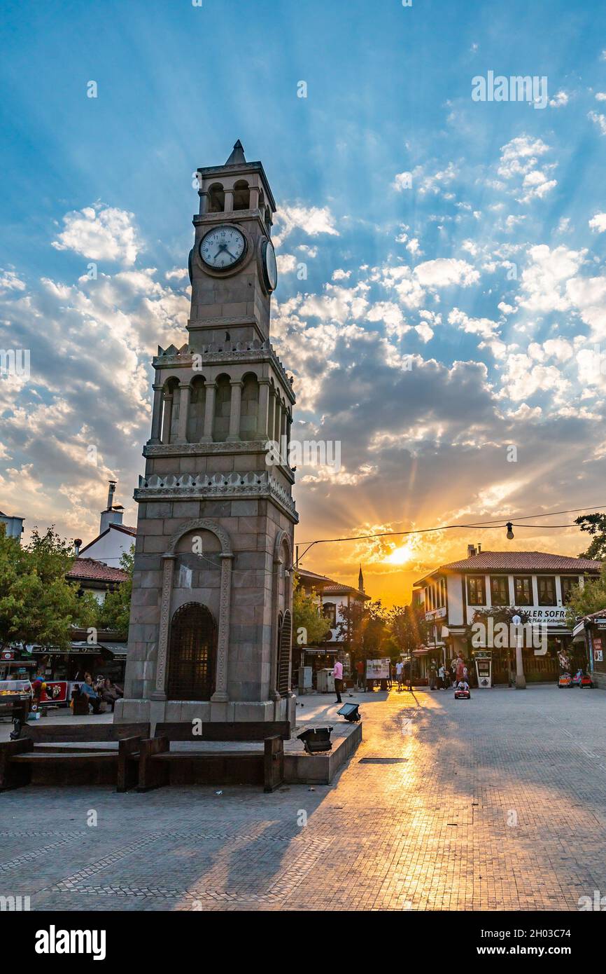 Ankara Hamamonu Restored Area Breathtaking Picturesque View of Clock Tower with Sunset in Summer Stock Photo
