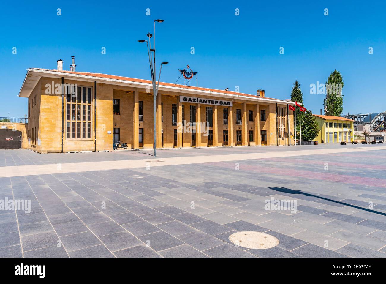 Gaziantep Railway Station Breathtaking Picturesque Frontal View on a Blue Sky Day in Summer Stock Photo