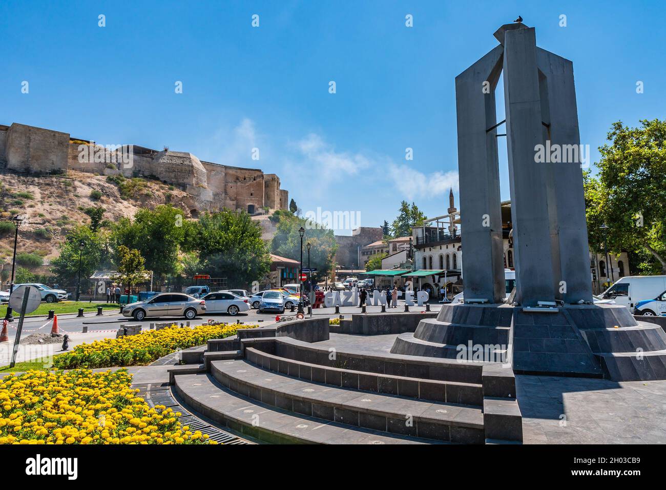 Gaziantep Kalesi Castle Breathtaking Picturesque View of Roundabout on a Blue Sky Day in Summer Stock Photo