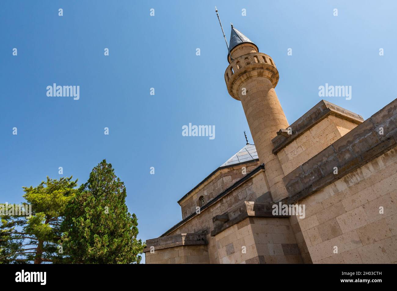 Hacibektas Haji Bektash Veli Complex Breathtaking Picturesque View of Minaret on a Blue Sky Day in Summer Stock Photo