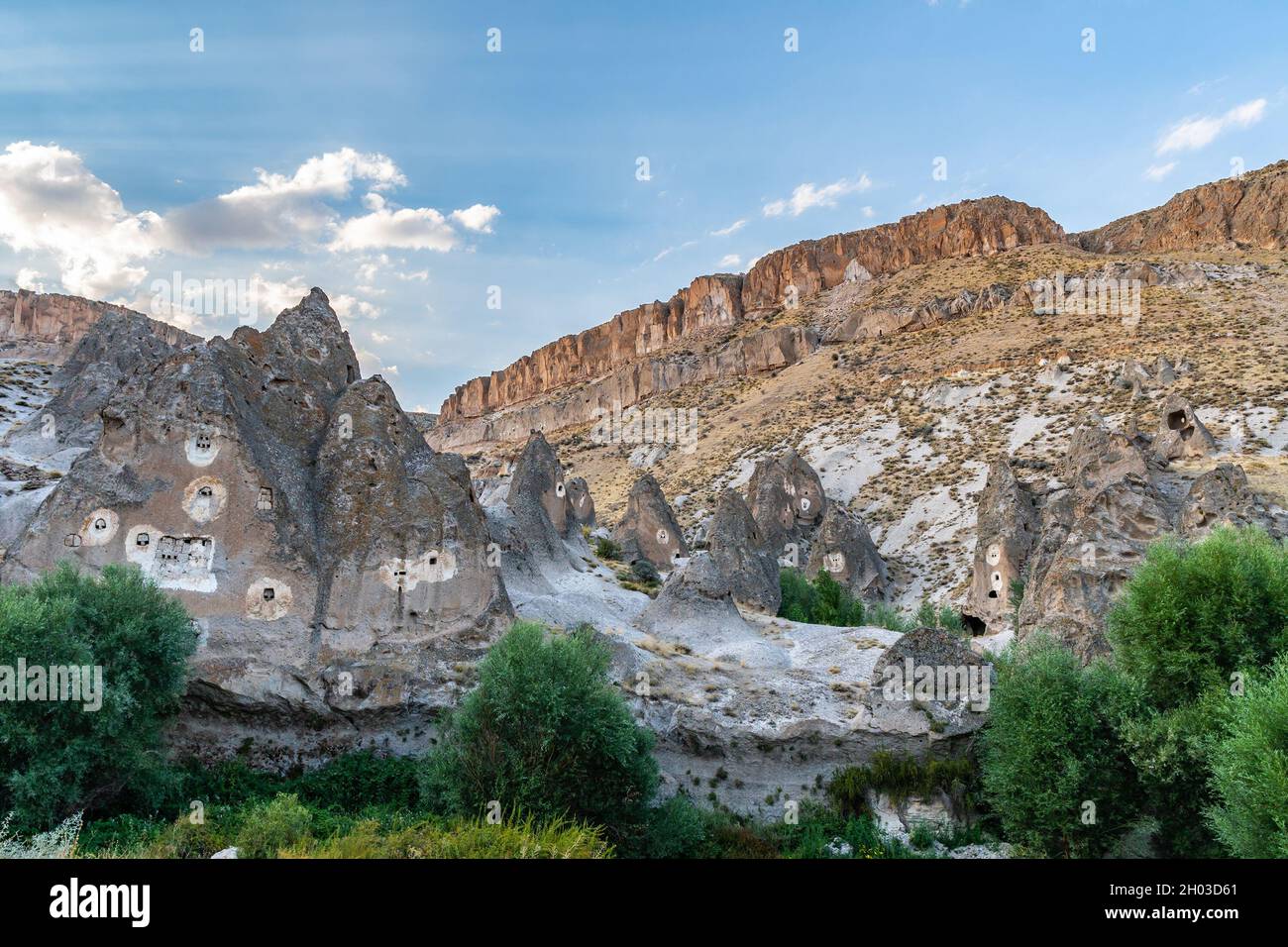 Soganli Valley Breathtaking Picturesque View of Rock-Cut Houses and Cloisters on a Blue Sky Day in Summer Stock Photo