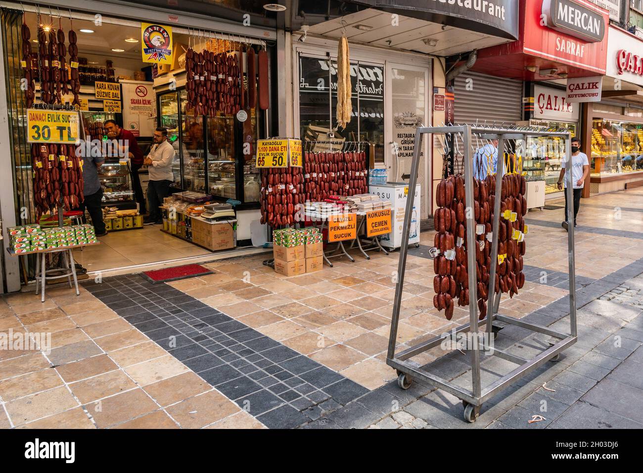 Kayseri Shopping Street Breathtaking Picturesque View of Pastirma Sausages on a Blue Sky Day in Summer Stock Photo