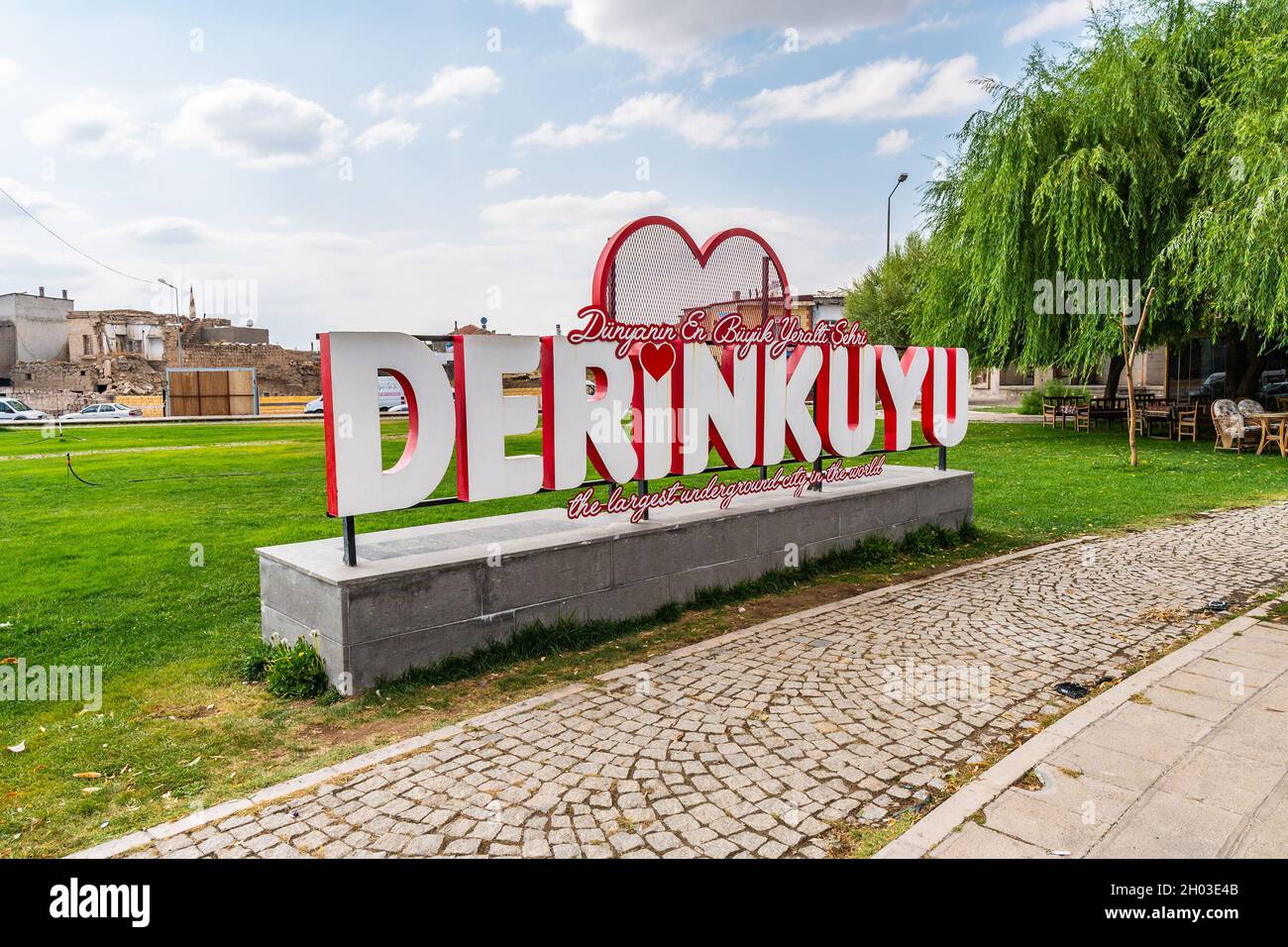 Derinkuyu Underground City Breathtaking Picturesque View of Welcome Billboard on a Blue Sky Day in Summer Stock Photo