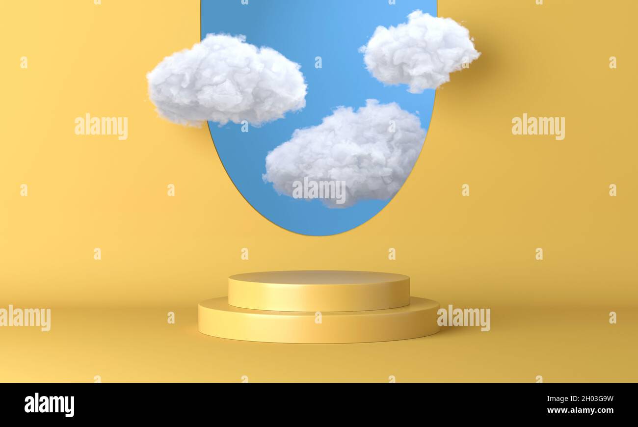 Bright yellow podium, stand, platform with flying white clouds and blue sky. Empty showcase for advertising and product presentation. 3d rendering Stock Photo