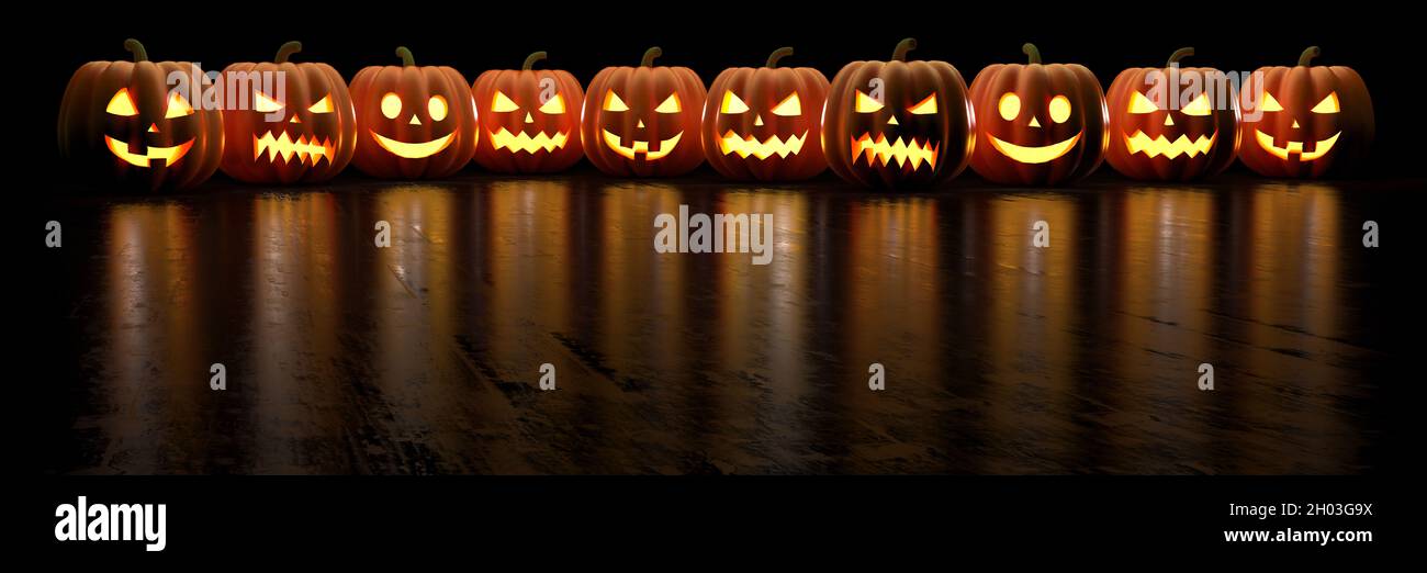 Row of frightening Halloween pumpkins or Jack O'Lanterns with reflections and copy space. 3d rendering Stock Photo