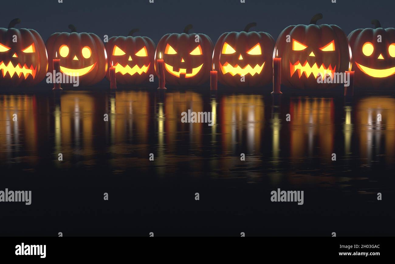 Halloween Set of pumpkin for holiday. Row of Jack O'Lanterns with red candles on reflection floor. Copy space. 3d rendering. Stock Photo