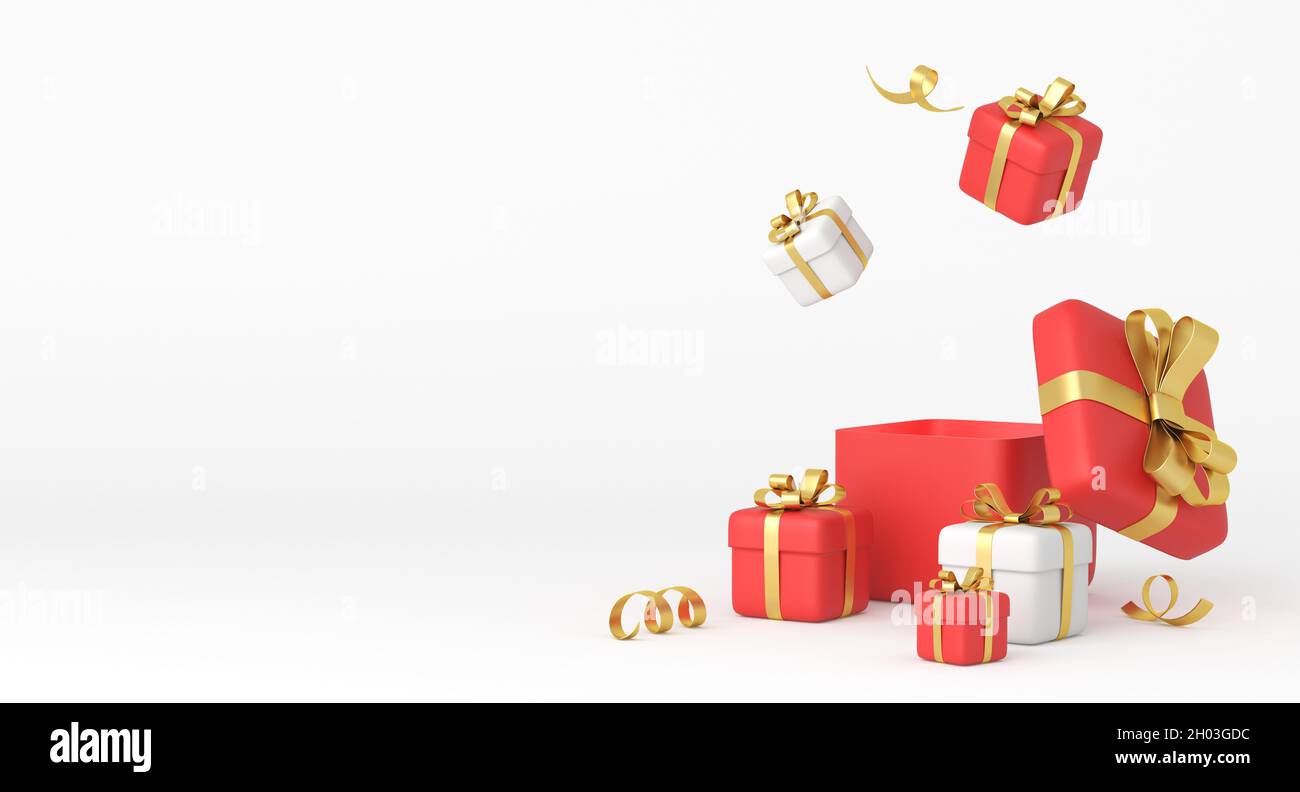 Christmas and New Year design. Realistic white and red gifts boxes with ribbons. 3d rendering Stock Photo