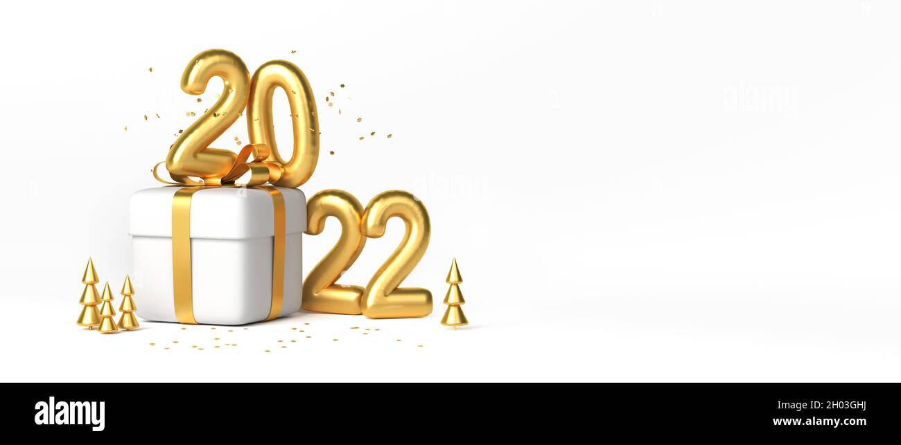 Christmas gift box with golden ribbon and golden numerales 2022 above it. Copy space. 3d rendering. Stock Photo