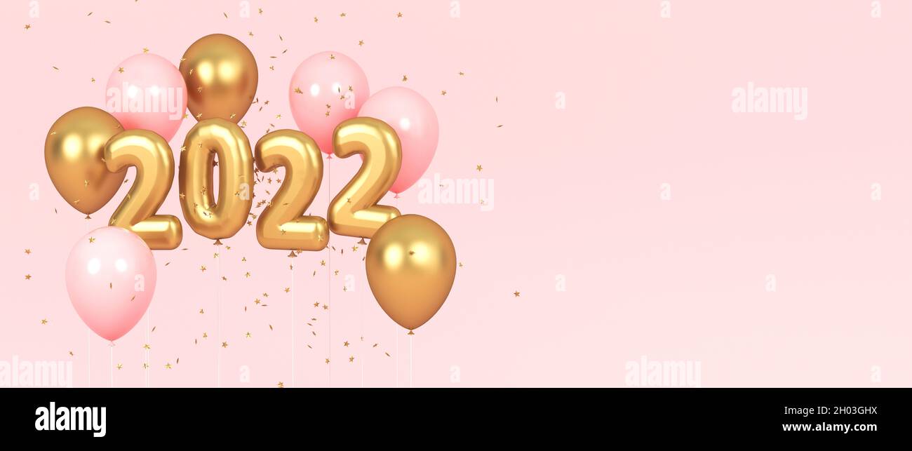 New Year's golden numerales 2022 and pink balloons with copy space. 3d rendering Stock Photo