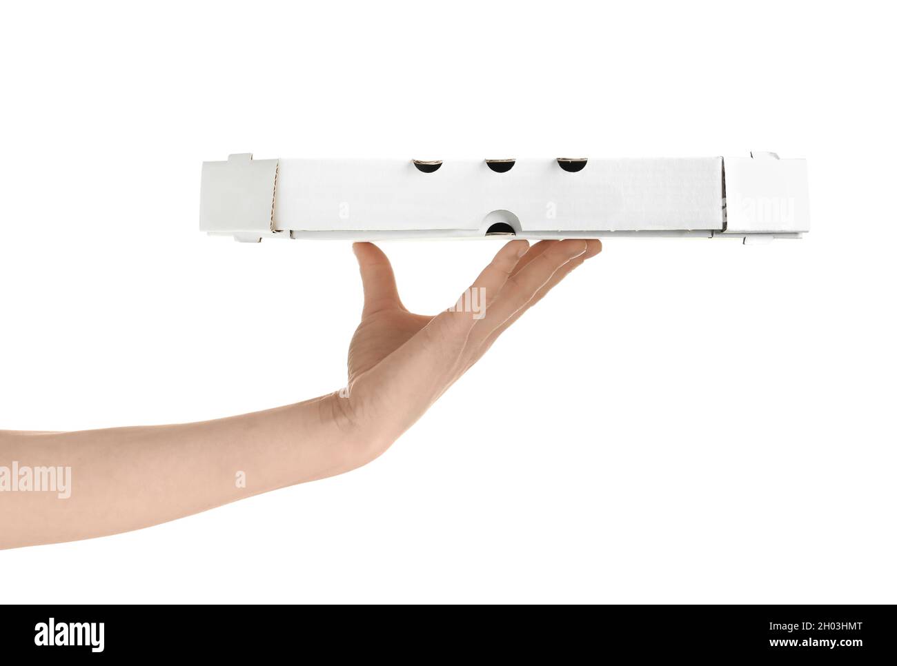 Woman holding cardboard pizza box on white background Stock Photo - Alamy