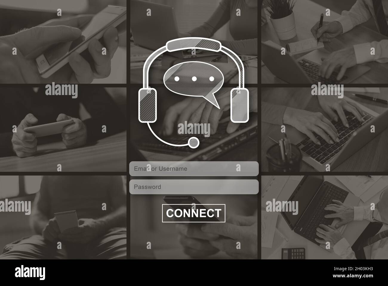 Phone support concept illustrated by pictures on background Stock Photo ...
