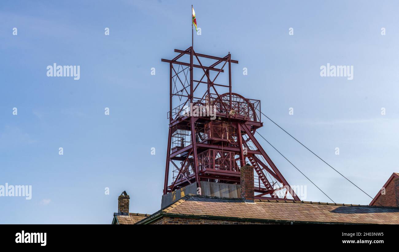 Blaenavon, Monmouthshire Wales UK October 10 2021 Wheel and winch  Head of coal Mine at Welsh Heritage Museum Big Pit in Blaenafon Wales Stock Photo